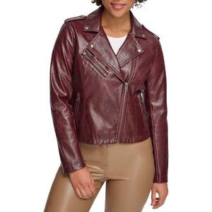 Women's The Classic Faux Leather Moto Jacket Font Full Zipper Oxblood Gloss Pu